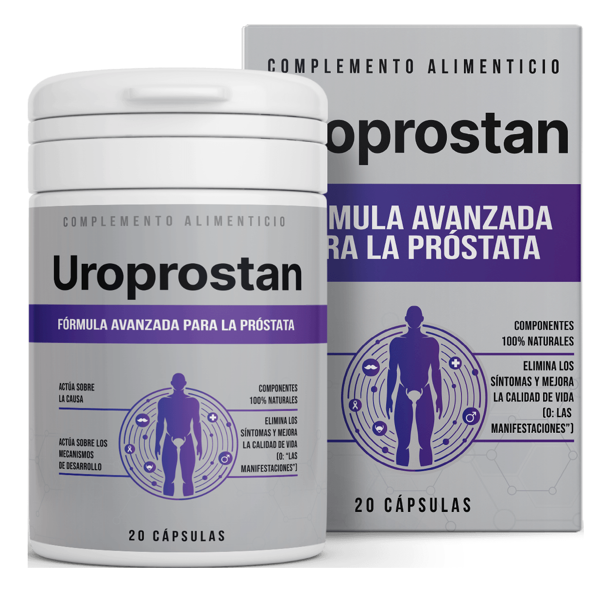 Uroprostan Fórmula Avanzada para la Próstata — frasco y caja, 20 cápsulas